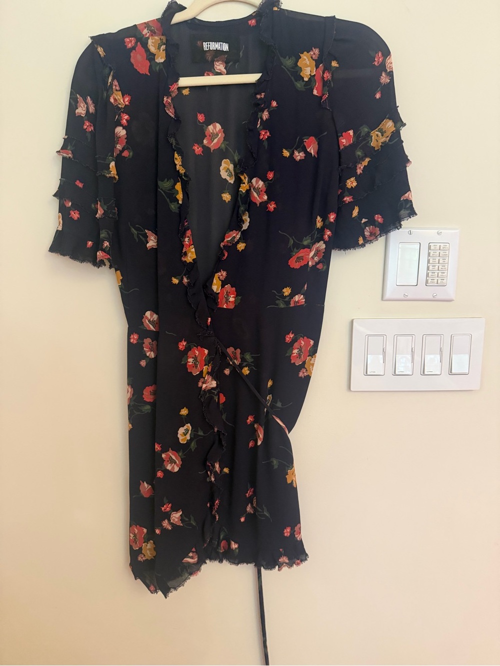 Reformation Black Floral Ruffle Wrap Mini Dress